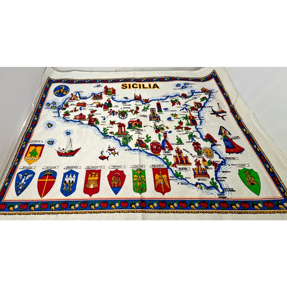 VTG SICILIA Sicily Cotton Tea Towel Dish Kitchen Towel Map Landmarks Crest 23x34